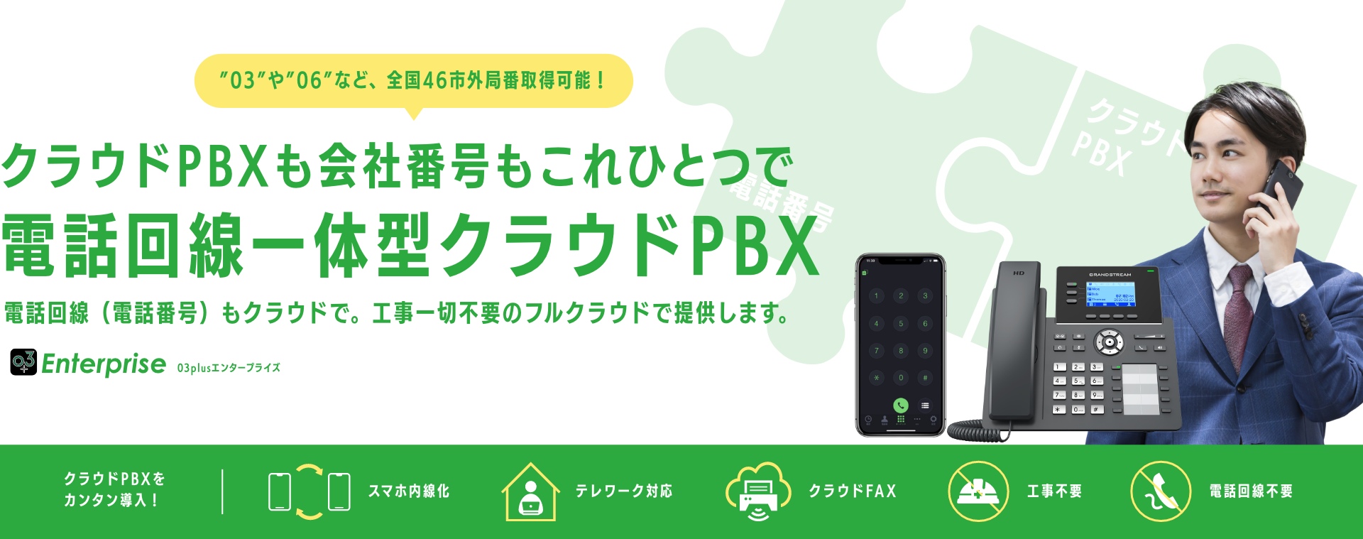 クラウドPBXも会社番号もこれひとつで 電話回線一体型クラウドPBX 03plusエンタープライズ 電話回線（電話番号）もクラウドで。工事一切不要のフルクラウドで提供します。